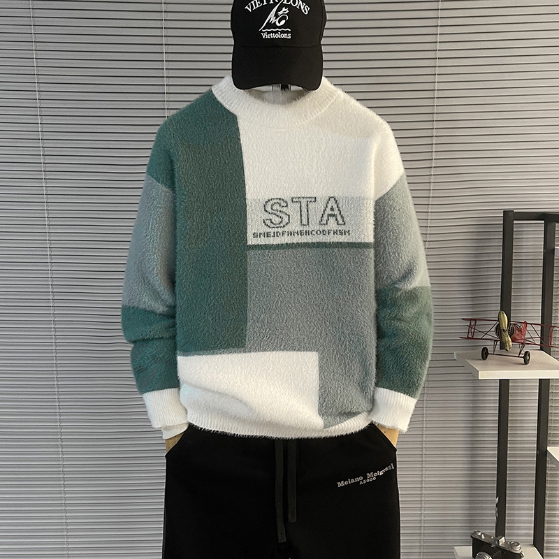 Men's Autumn and Winter New Pullover Half-High Collar Long-Sleeve Jacquard Letter Sweater Men's Casual Warm Knitwear