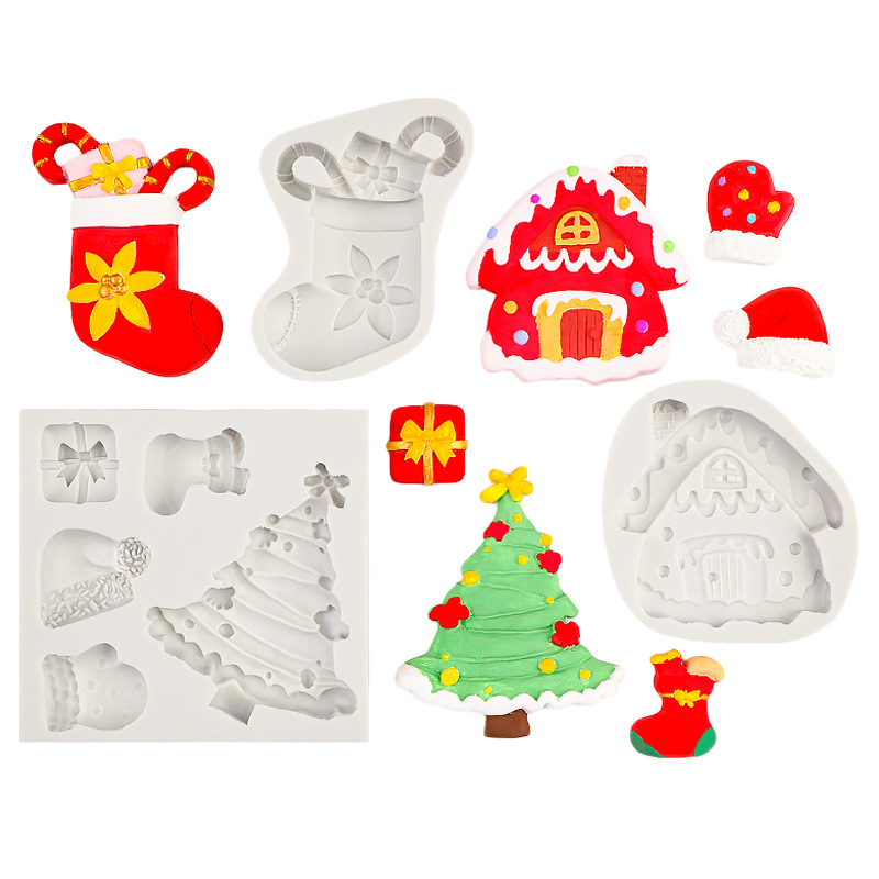 Serie de Navidad Molde de silicona Árbol de navidad Calcetines de casa de nieve Cake de chocolate de fondant Molde de pegatina de refrigerador de goteo