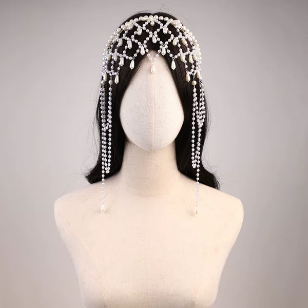 European and American Fashion Pearl Headband Hair Accessory, Handmade Mesh Personalized Tassel Pendant Forehead Chain, Hair Accessory for Dress