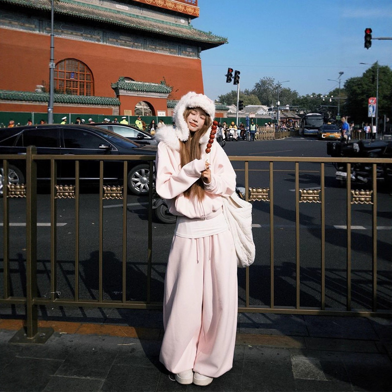 American Lazy Style Detachable Fur Collar Hooded Sweatshirt Cardigan Women's Autumn and Winter Loose Casual Wide-Leg Pants Two-Piece Set