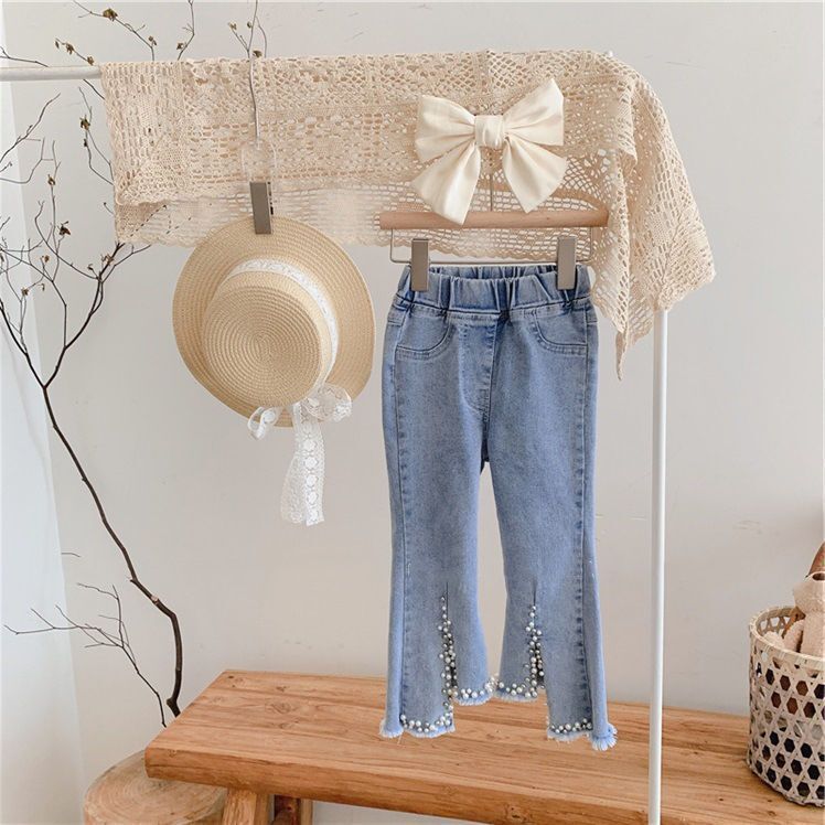Girls' Irregular Pearl Jeans Flared Pants 2025 Summer New Girls' Stylish Korean Fashion Pants
