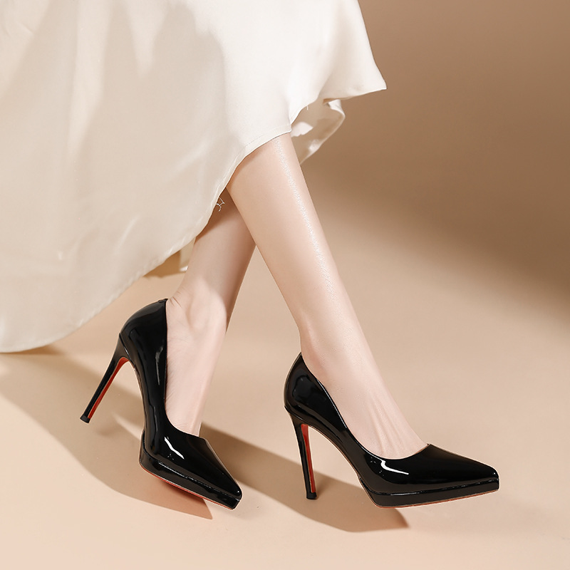 Giày cao gót nữ mũi nhọn phong cách Pháp, đế đỏ, gót nhọn 10 cm — Da trần-10cm