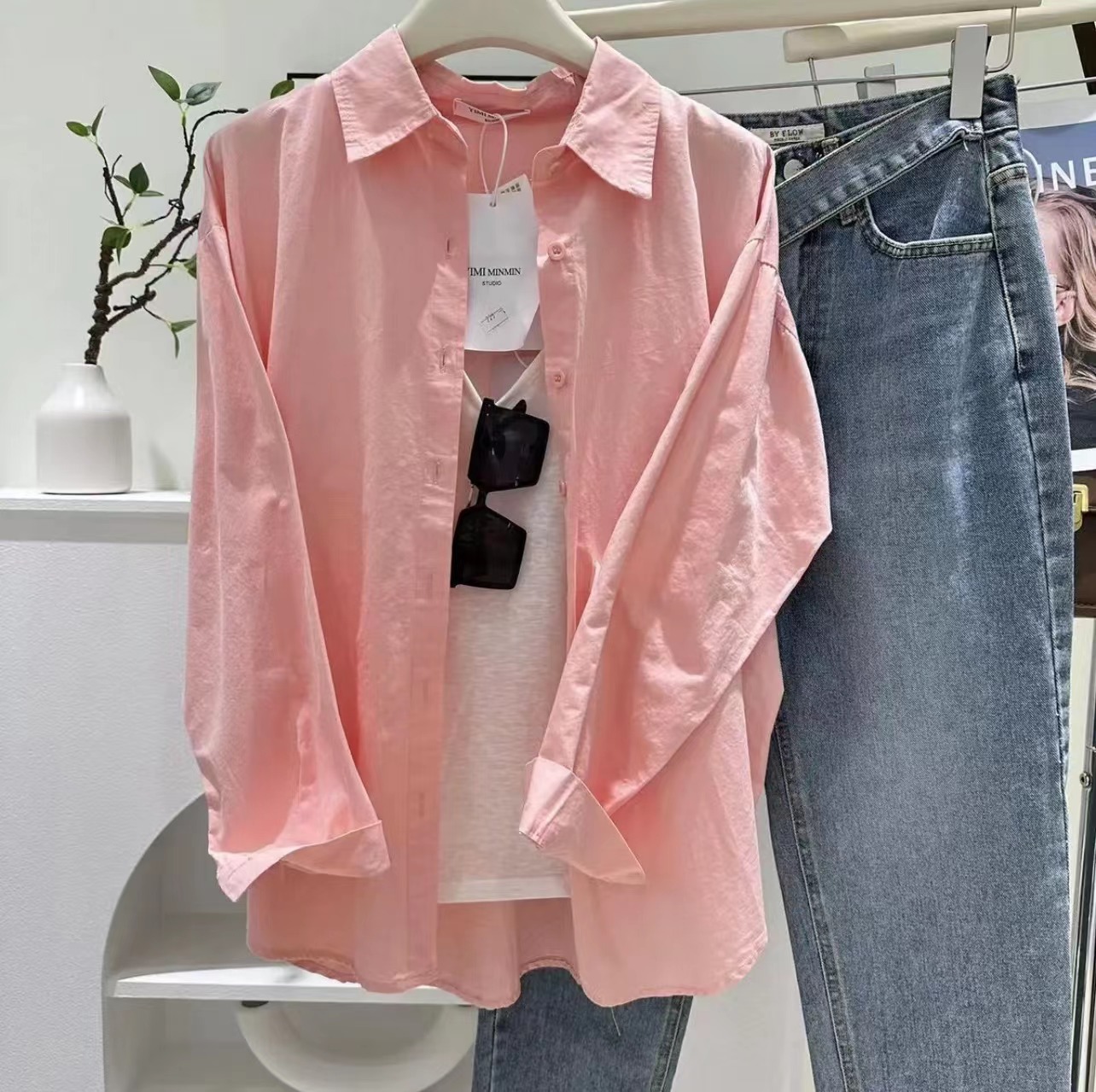2024ins solid color shirt fashionable casual elegant western style design versatile simple style retro loose shirt