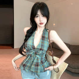 18YX3715欧美2026跨境外贸甜美辣妹蝴蝶结格纹挂脖背心无袖上衣女
