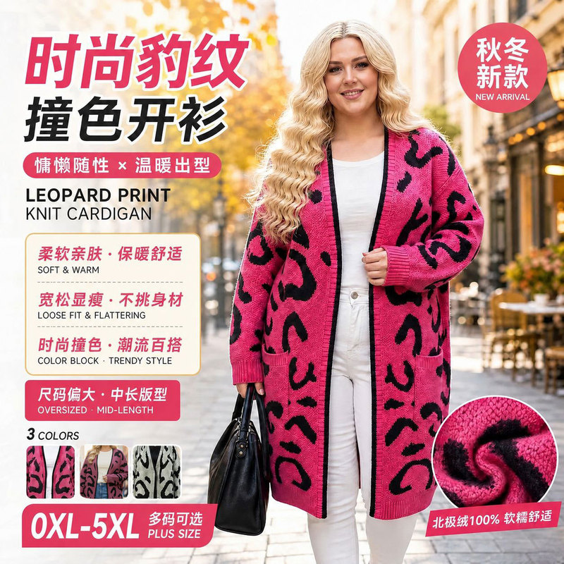 Xinshangyu Women's Clothing | Cross-Border Trendy Street Style European and American Leopard Print Fashion Color-Blocking Lazy Long Wool Knit Cardigan