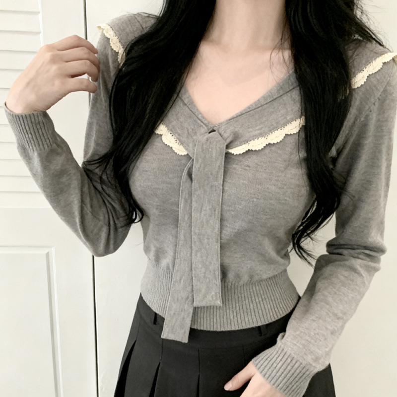 Autumn and Winter Lace Navy Collar Strap Knitwear for Women Autumn Korean Girl Slim Long-Sleeved Korean Top
