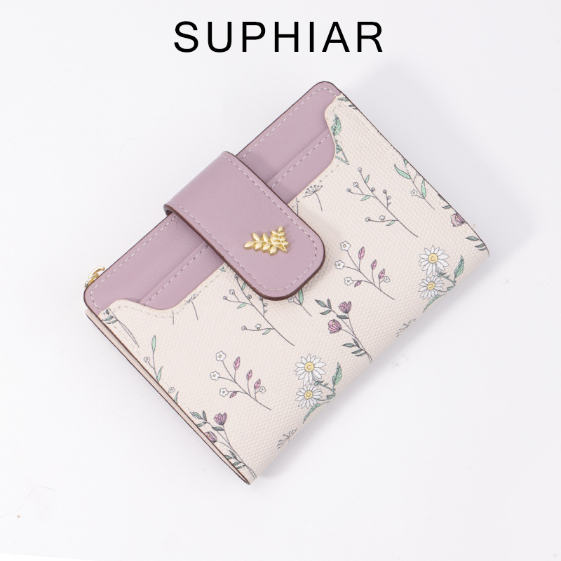 Diseño original de la cartera corta ins mujer versión coreana alta sensación bolso de cambio para estudiantes pequeñas flores frescas bolsa de tarjetas de hierba en uno