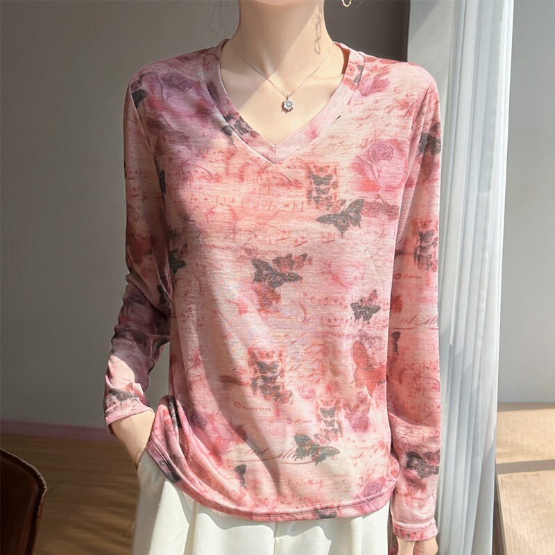 Lyocell Tencel Printed V-Neck Knit Top, New Spring/Summer Lightweight Pullover Long-Sleeve Base Shirt for Women