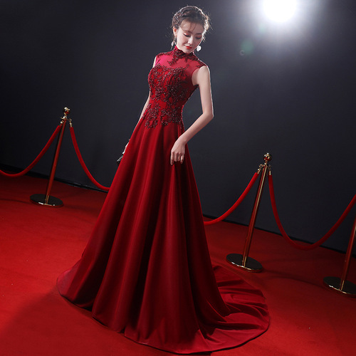 wine color evening dress Toast dress the bride new show thin red party long lace collar Chinese style wedding dress