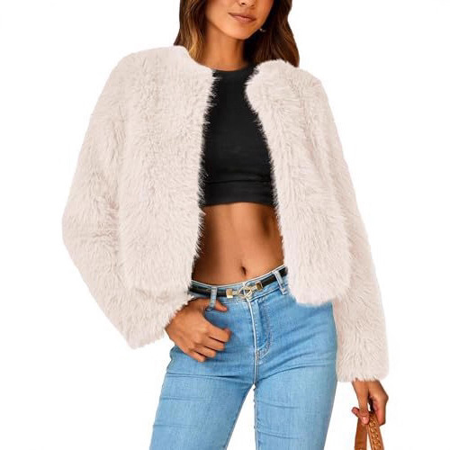 2025 Winter Short Jacket Faux Fur Long Sleeve Pocket Warm Autumn and Winter Clothing Versatile