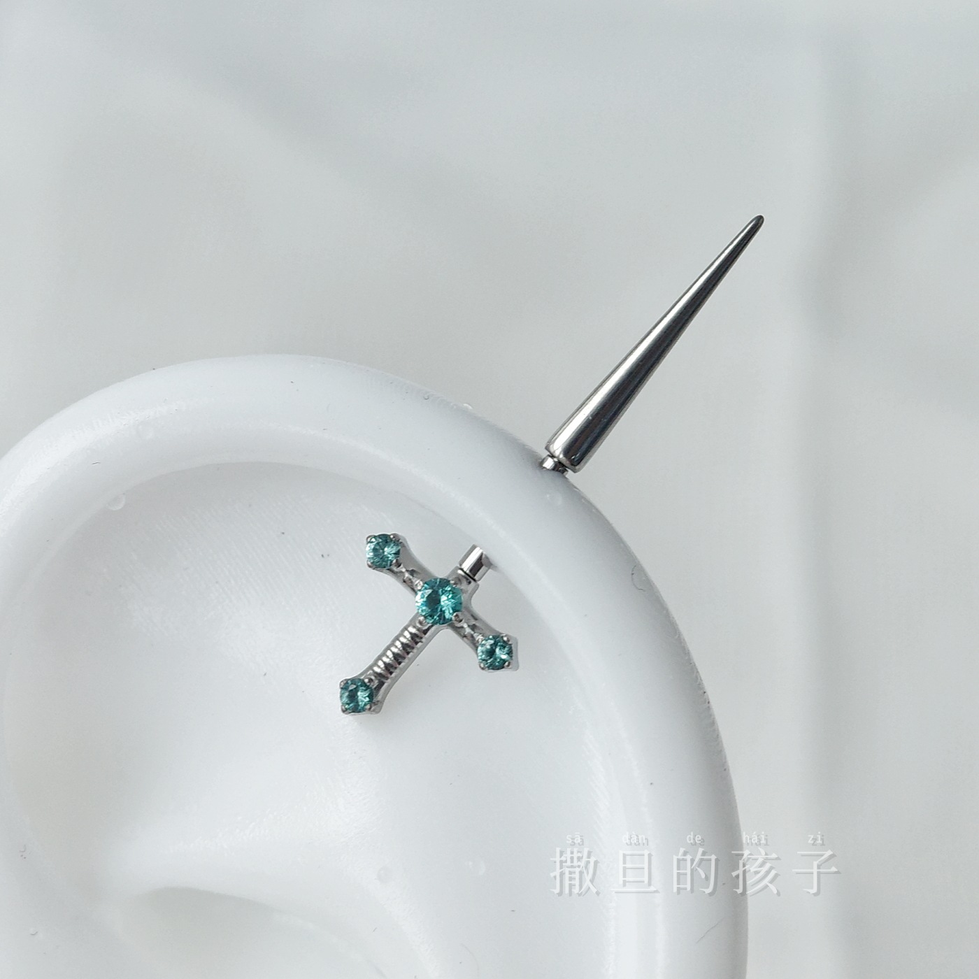 F136 Titanium Alloy Holy Sword Ear Studs with Diamond-Encrusted Devil Motif, Internally Threaded Cartilage Studs, Sweet and Cool Style detail image 11