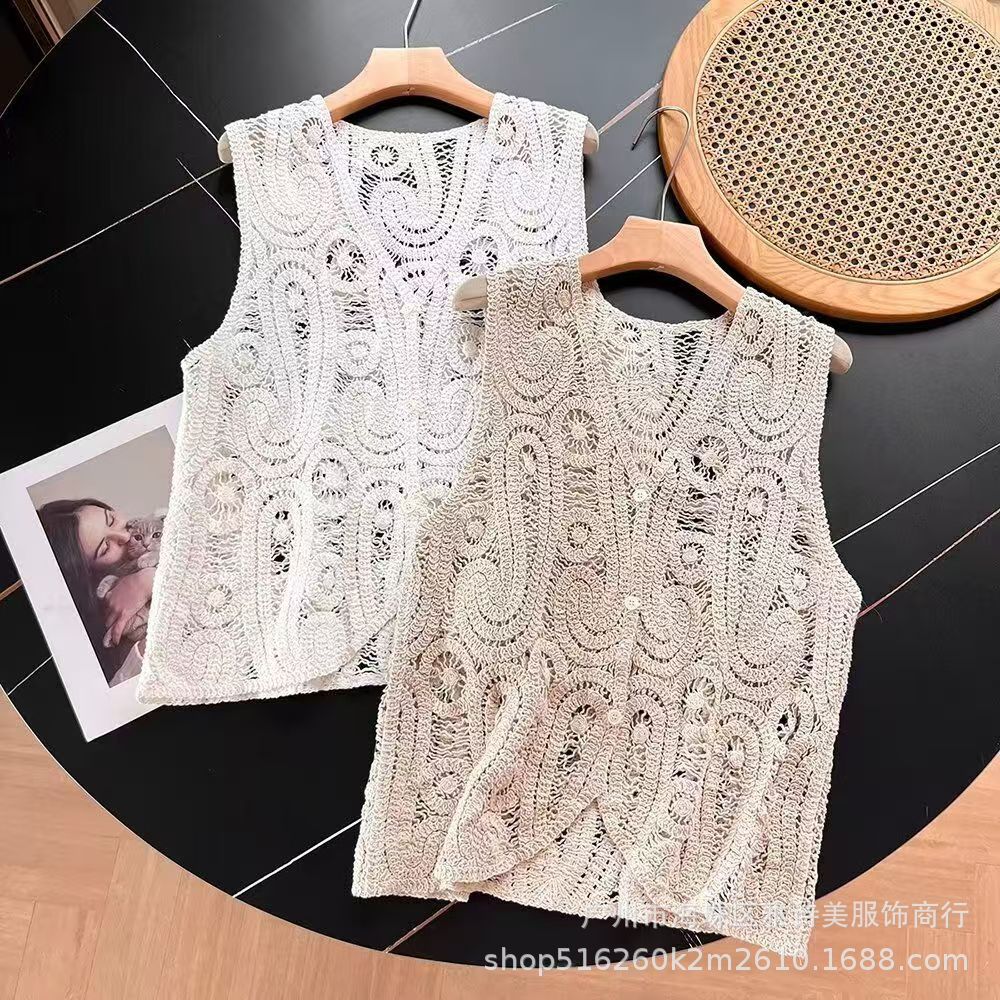 Summer Solid Color V-neck Slim Hollow Thin Irregular Blouse Women's Hong Kong Style Casual Elegant Outer Vest Top