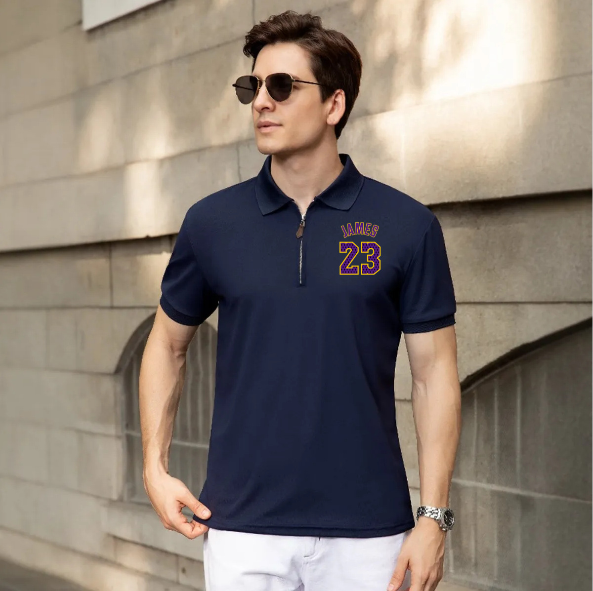 No. 23 Zip-up Polo Shirt, Business Casual Short-sleeved Lakers Color Scheme Basketball T-shirt_viptrois.com