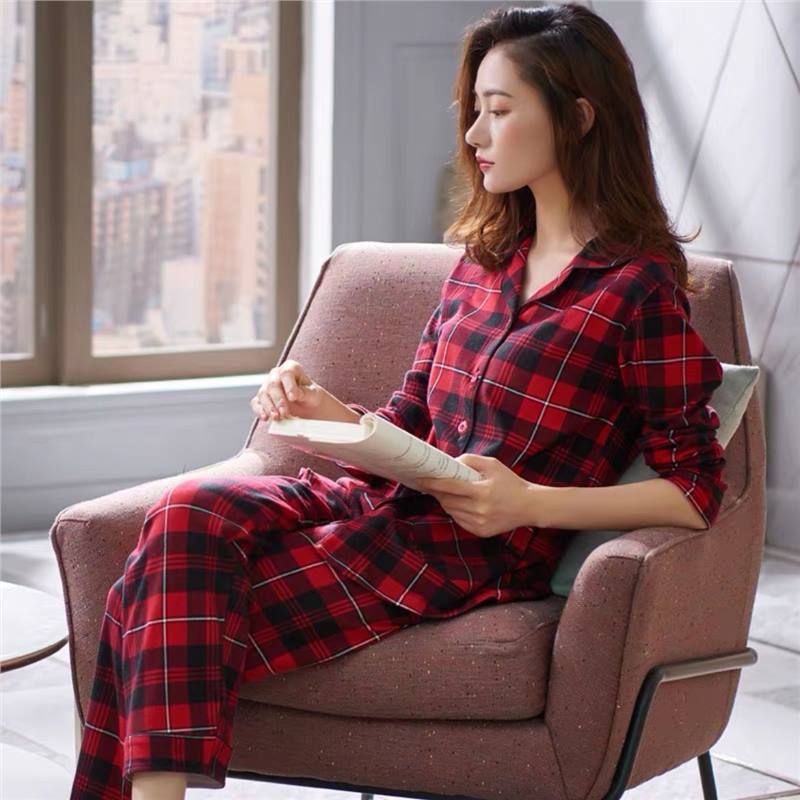 Pijama de mujer otoño invierno algodón nuevo cardigan de manga larga a cuadrillas grande se puede usar con ropa de casa de primavera y otoño