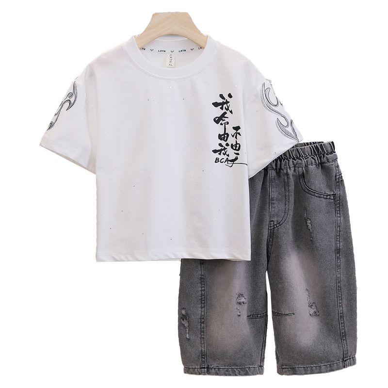 7252 Traje de manga corta para niños Camiseta de moda nacional de verano para niños Cool y guapo, estilo occidental, ropa para niños 2025 nuevo estilo delgado