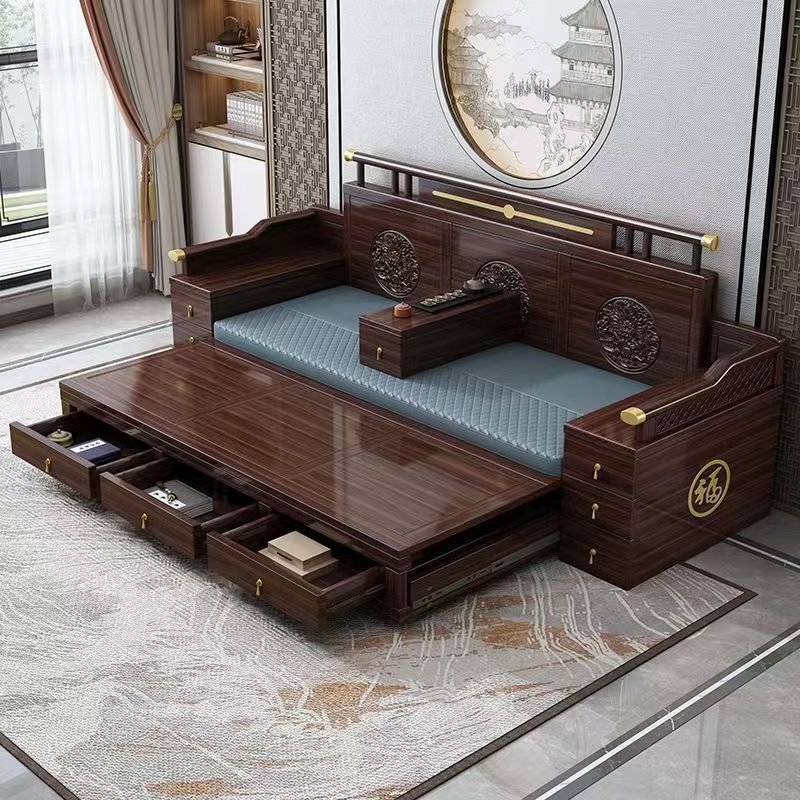 New Chinese-Style Sofa Bed, Solid Wood Purple Sandalwood Folding Sofa Bed, Sliding and Extendable with Storage, Living Room Sofa Bed