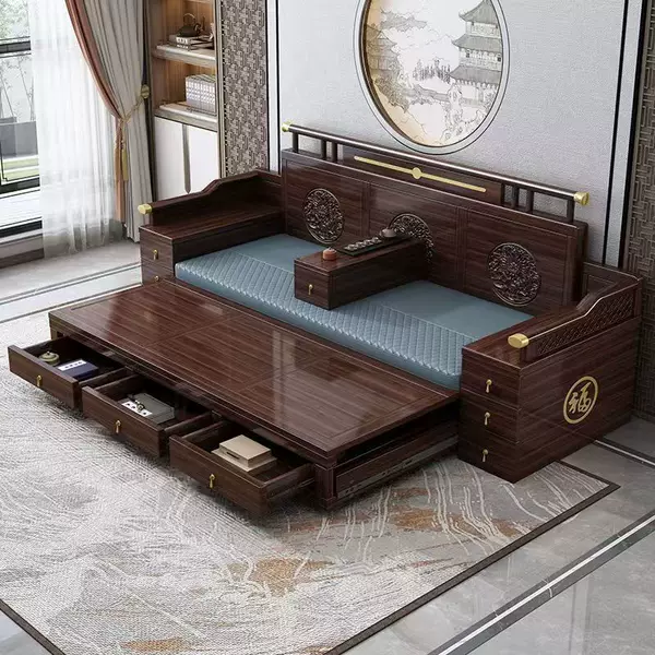New Chinese-Style Sofa Bed, Solid Wood Purple Sandalwood Folding Sofa Bed, Sliding and Extendable with Storage, Living Room Sofa Bed