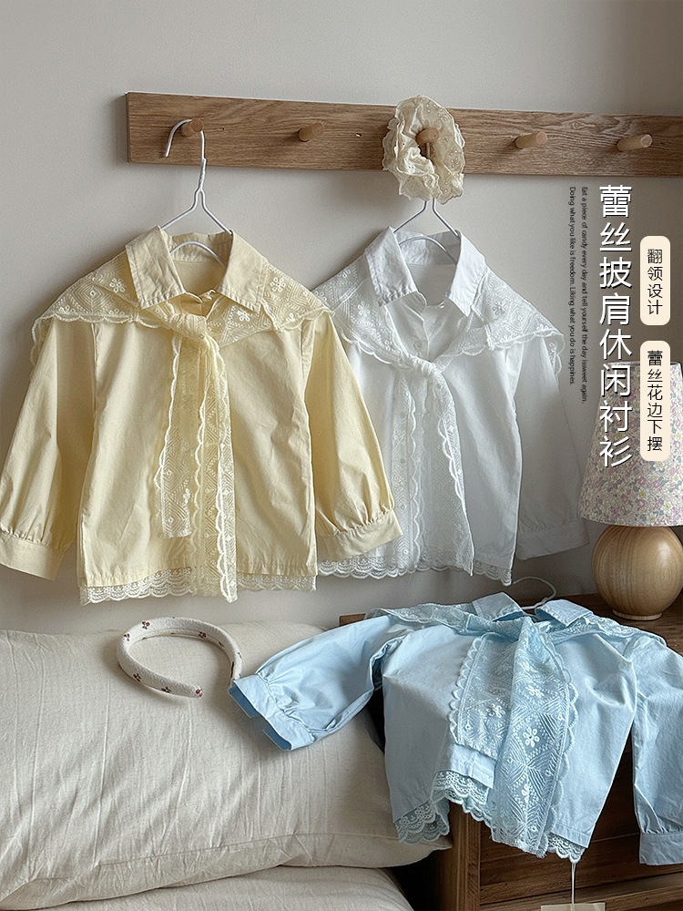 Ropa infantil de niñas de primavera Top diseñador de primavera 2025 nueva camisa de chale de encaje universal de manga larga