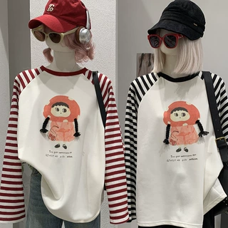 KEKEZOON 条纹插肩袖卡通小女孩印花圆领宽松中长款长袖卫衣 9409