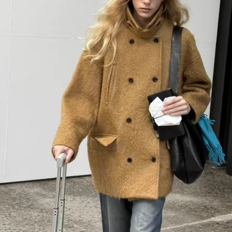 In Stock Korean London Flat Winter New Style Lapel Wool Solid Color Double-Breasted Mid-Length Woolen Coat