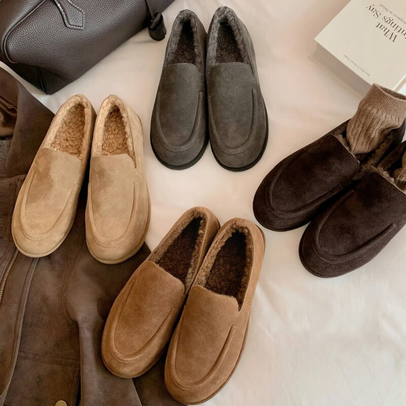 Cowhide Version ~ Retro Soft and Waxy Normcore Loafers for Women in Autumn and Winter New Round-Toe Slip-On Plus Plush Mung Bean Shoes