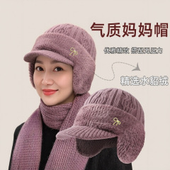 冬天新款中老年人护耳帽加绒保暖帽时尚百搭短檐水貂绒毛线帽子女