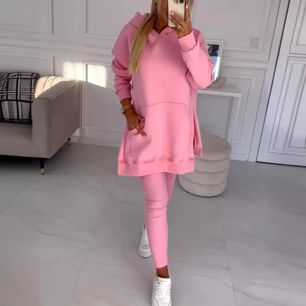 Cross-Border Women's Clothing 2026 Amazon European and American Sports Casual Hooded Sweatshirt Thickened Ribbed Leggings Two-Piece Set