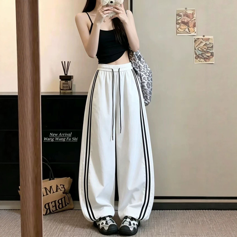 American-style ice silk quick-dry pants, women's summer thin casual jogger striped pants, high-waisted loose wide-leg sports pants