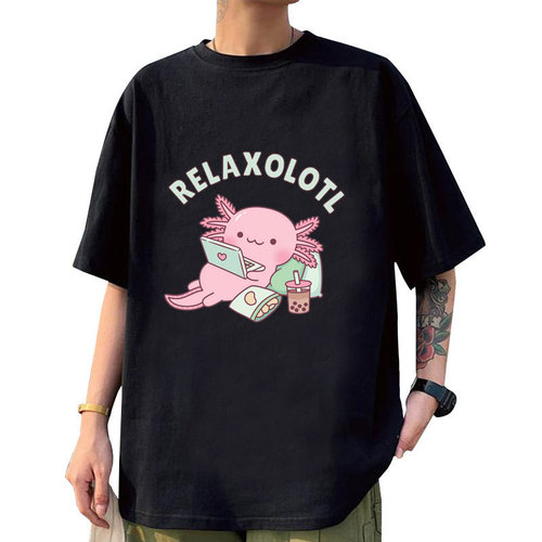 Summer Axolotl Boba Milk Tea T-Shirt for Men and Women, Casual Sports T-Shirt, Couple's Cotton Short Sleeve