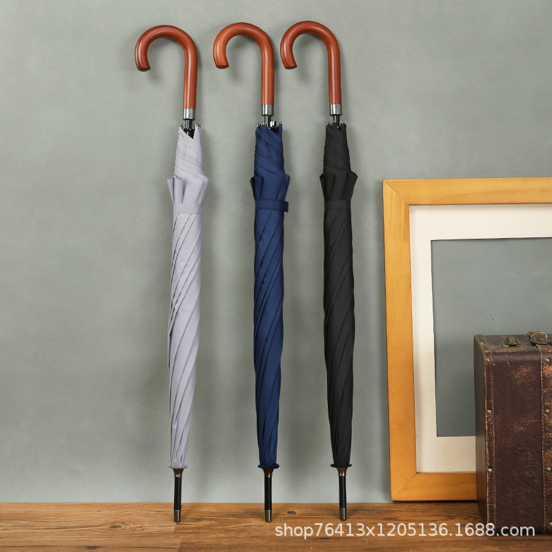 Solid Wood Curved Handle Umbrella, D-Shaped Automatic Large Straight Umbrella, Dual-Use for Sun and Rain, Long Handle Umbrella, Wholesale, Customizable with Logo