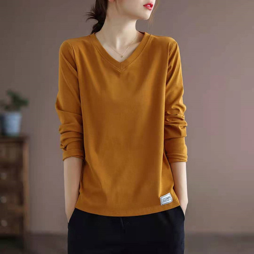 2025 New V-neck Solid Color Versatile Long Sleeve T-shirt for Women Plus Size Loose Slimming Base Shirt Top Trendy