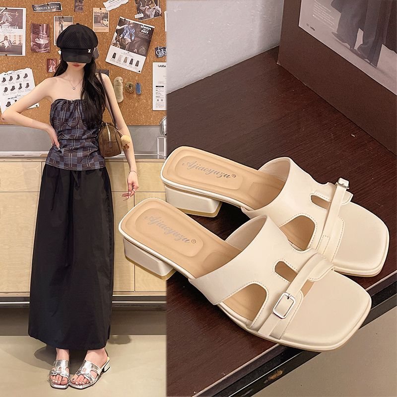 Chunky Heel Slippers for Women, Summer 2026 New Style, French Elegant Versatile Fairy Style, Suitable for Pairing with Dresses, Mid-Heel Sandals Chunky Heel Slippers for Women, Summer 2026 New Style, French Elegant Versatile Fairy Style, Suitable for Pairing with Dresses, Mid-Heel Sandals