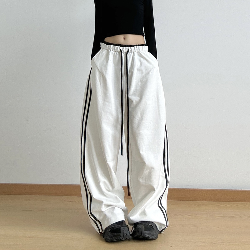 2024 Spring, Autumn and Winter New Contrast Color Two Bar Sports Pants Women's Straight-Leg Leg Loose Casual Workwear Wide Leg Pants Trendy