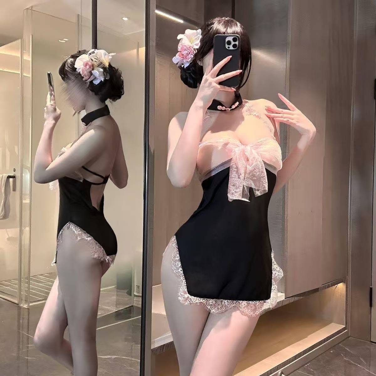 Sexy Cheongsam Roleplay Lingerie Set, Halter Neck See-Through Slit Uniform Dress — detail image 2