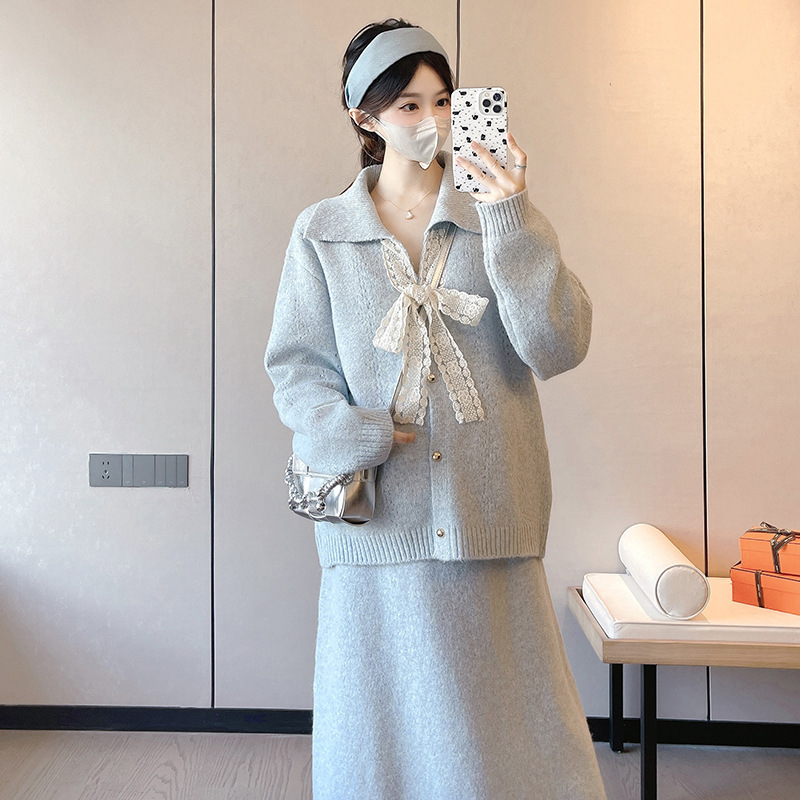 孕妇秋冬新款韩版时尚气质小香风开衫毛衣针织半身裙甜美显瘦套装|undefined