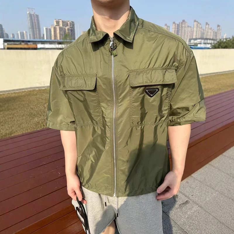 Factory Direct Sales Summer Triangle Logo Recycled Nylon Short-Sleeved Lapel Zipper Shirt Men's and Women's Loose Casual Shirts Factory Direct Sales Summer Triangle Logo Recycled Nylon Short-Sleeved Lapel Zipper Shirt Men's and Women's Loose Casual Shirts