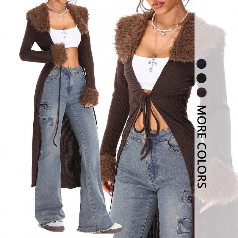 2026 Spring and Autumn Stylish Patchwork Furry V-Neck Tie Cardigan for Women, Slim Fit and Slimming Inner Layer Top