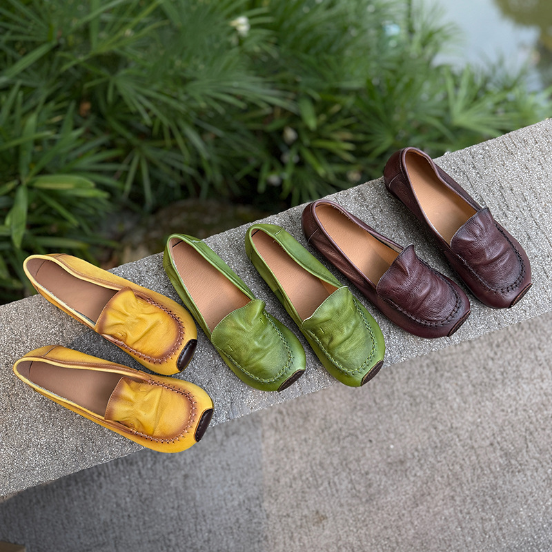 138-16 Spring Round-Toe Genuine Leather Soft-Soled Soft-Surface Loafers Casual Low-Top Adhesive Shoes Solid Color Women's Flats