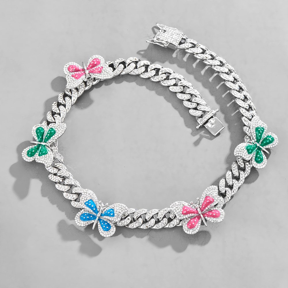 new rotate color big butterfly full rhinestone hip hop jewelry retro creative clavicle chain