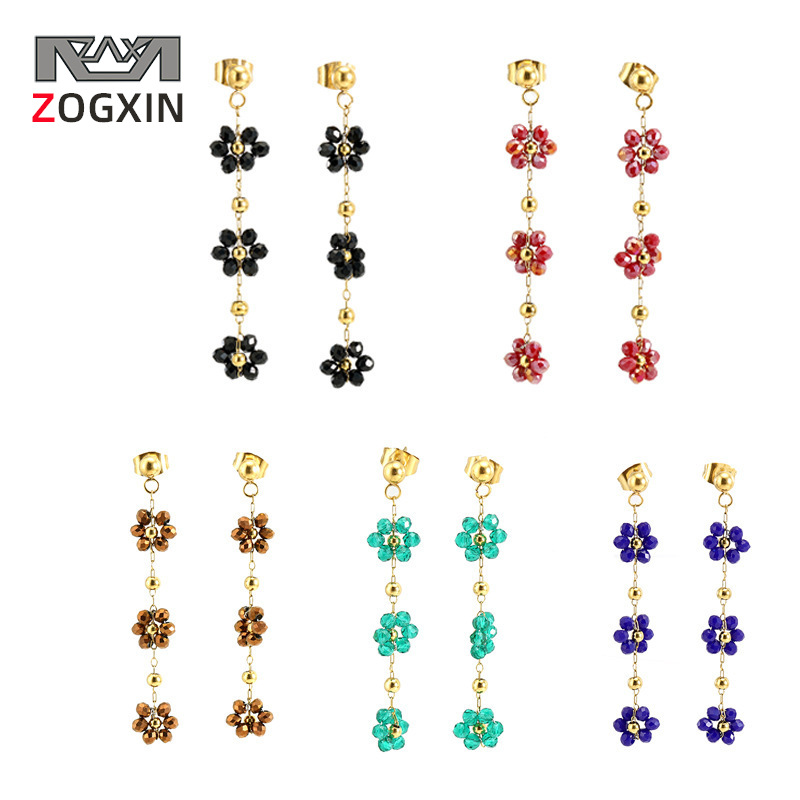 Cruz-frontera europea y americana color cristal flor pendientes de acero inoxidable oreja pin bohemio 18k oro titanio pendientes de acero para las mujeres