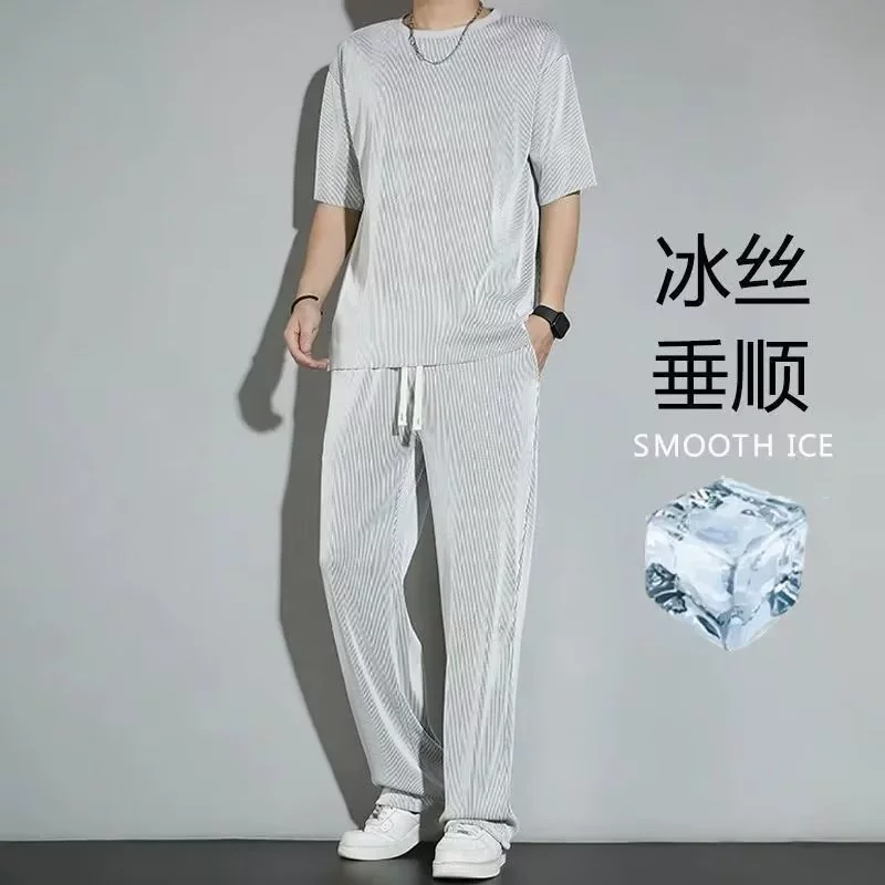 Silk summer thin sports suit, casual trousers for leisure, quick dry short sleeve T-shirt, 2023 collection
