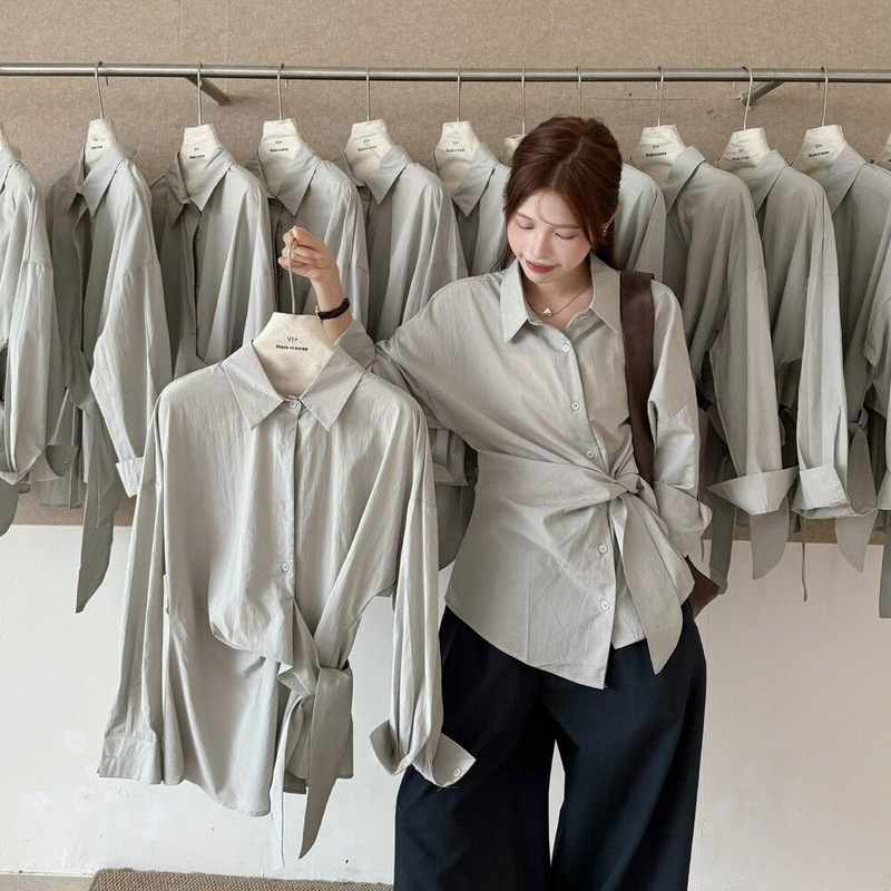 Korean Style New Lace-Up Long-Sleeve Elegant Shirt, Spring and Autumn Fashion Design Shirt, Waist-Slimming Top, Versatile and Flattering