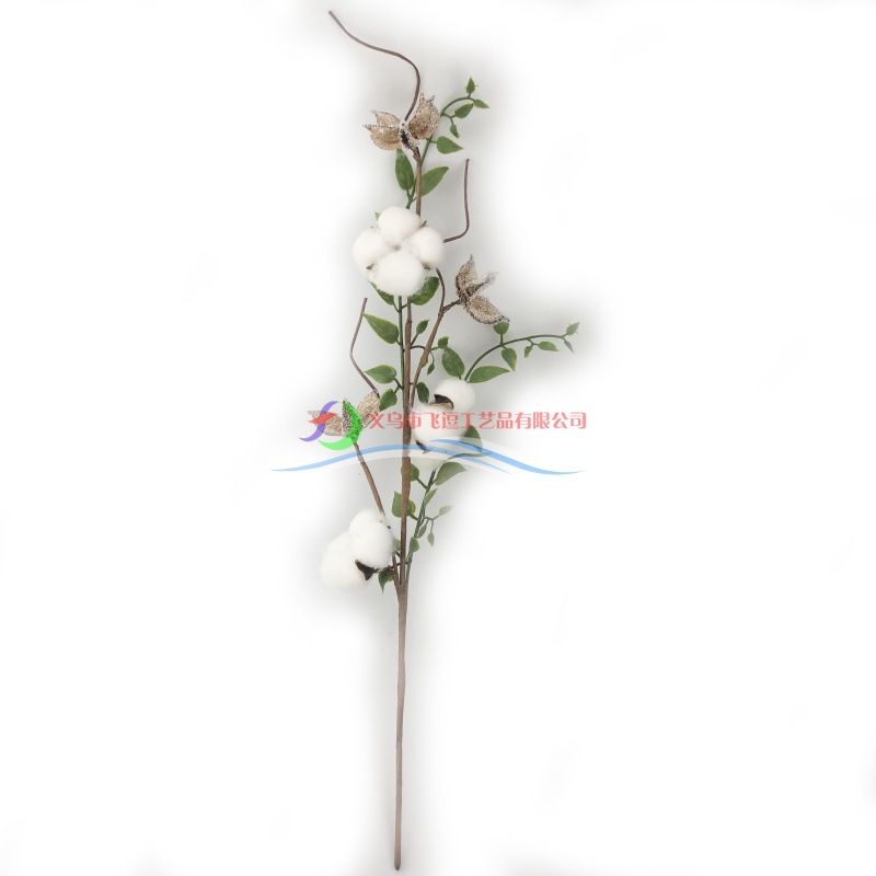 跨境仿真棉花干花花束 60cm3头带空壳绿叶棉花枝 可造型插花装饰