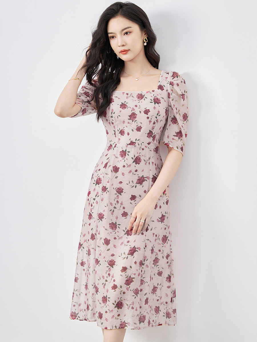 Váy maxi nữ thắt eo tay lỡ in họa tiết chất Tencel Crepe phong cách Pháp — Màu hồng