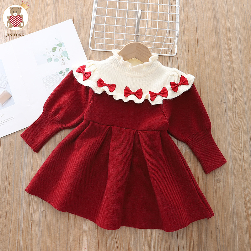 Autumn and Winter New Bow Girl's Woolen Children's Clothing Red Cute Knitted Long Dress_voghion.com