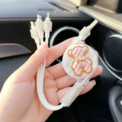 Light Luxury Car One to | Mobil şarj cihazları - pink-bear-charging-cable-telescopic-three-in-one