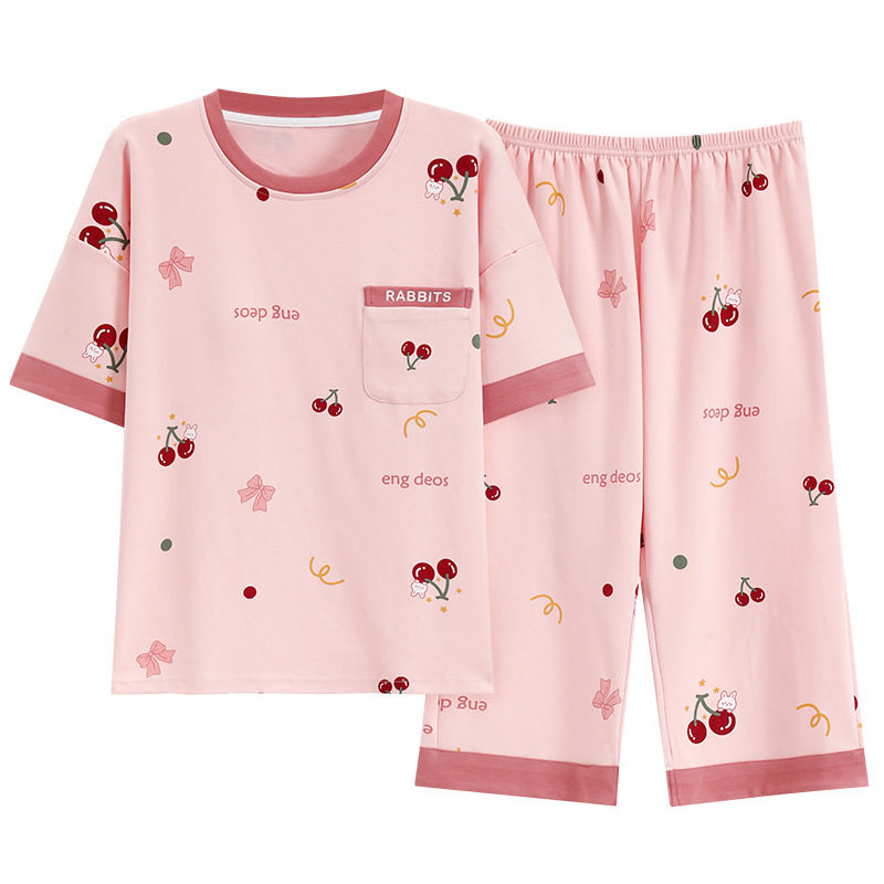 女性の夏の胸のクッションのパジャマの半袖の7分のズボンのスーツの家庭服の青年の薄いモデルのアニメの涼しい通気性はブラジャーを着ないでください。|undefined