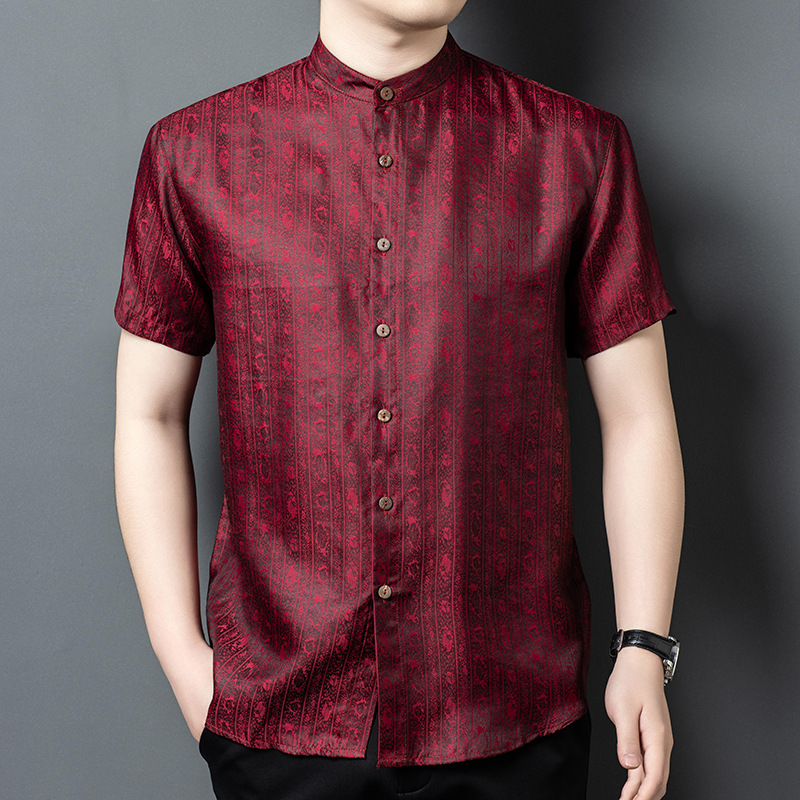 Áo sơ mi nam tay ngắn tơ tằm phong cách Trung Hoa cổ điển — Dải đỏ G6026