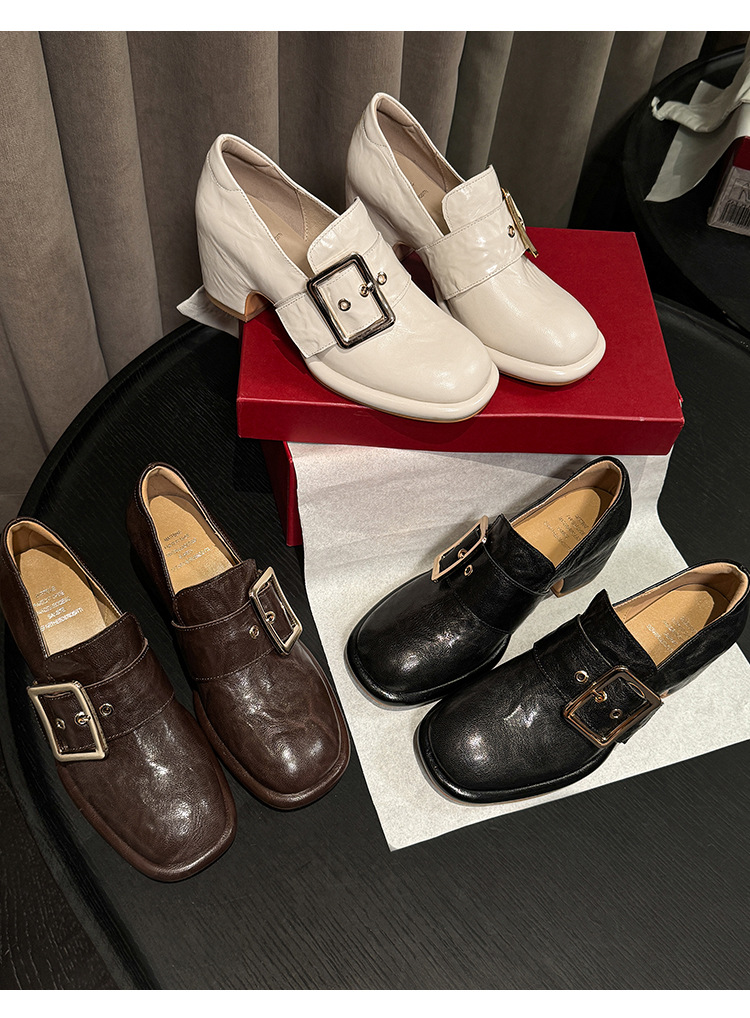 Giày cao gót nữ loafer da cừu gót vuông 7 cm — màu nâu chi tiết 21