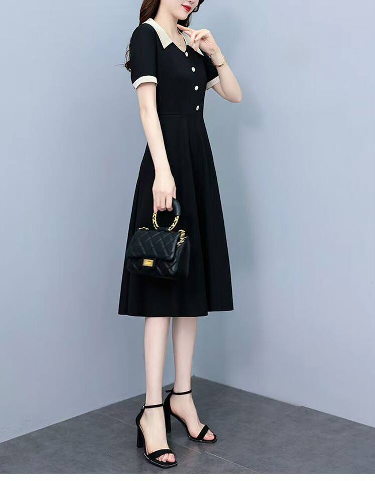 Đầm liền thân ngắn tay cổ polo dáng chữ A eo cao phong cách thanh lịch — [Màu đen] Có túi [Vải cao cấp] chi tiết 6